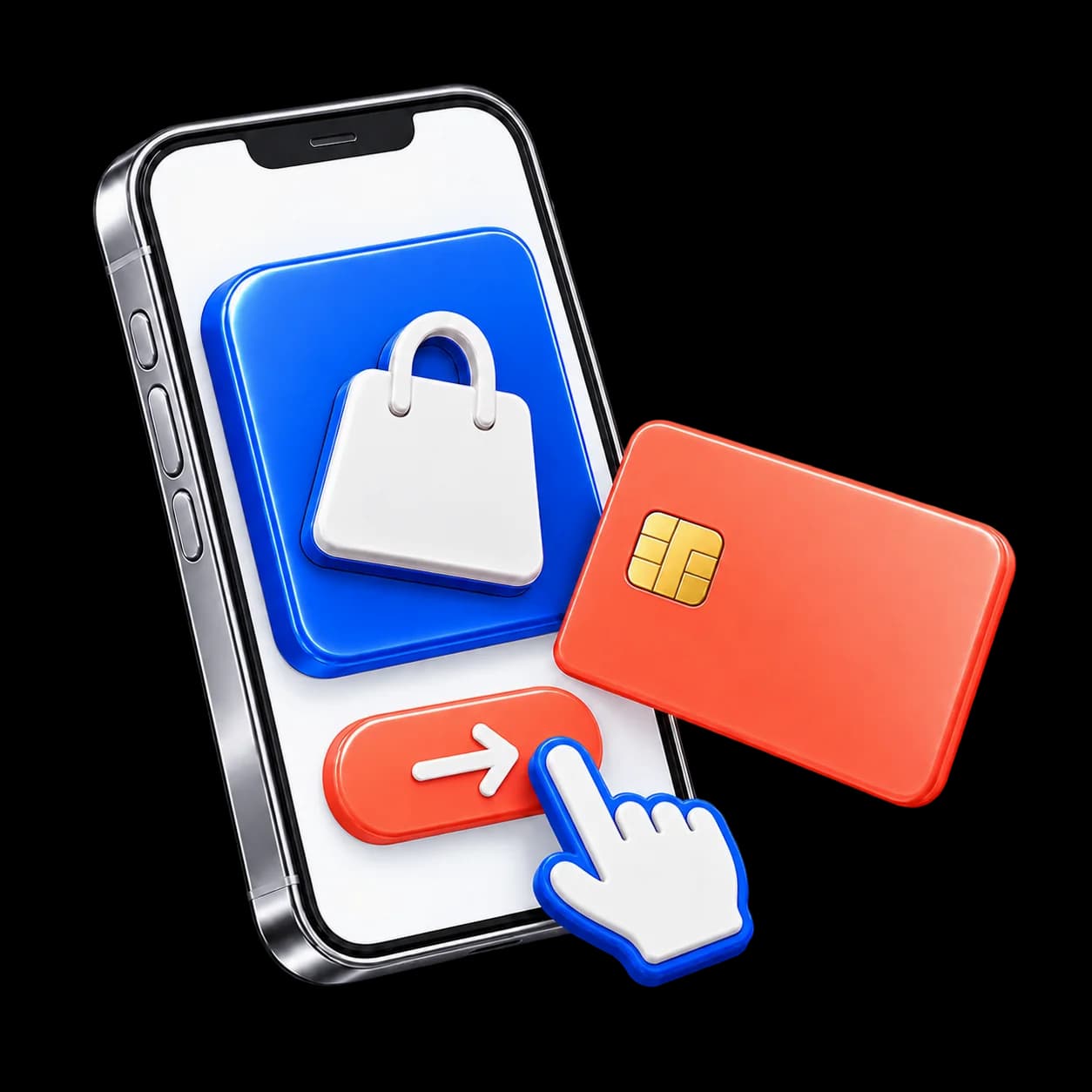 A phone showing a shopping bag, a finger tapping its buy button, and a payment card